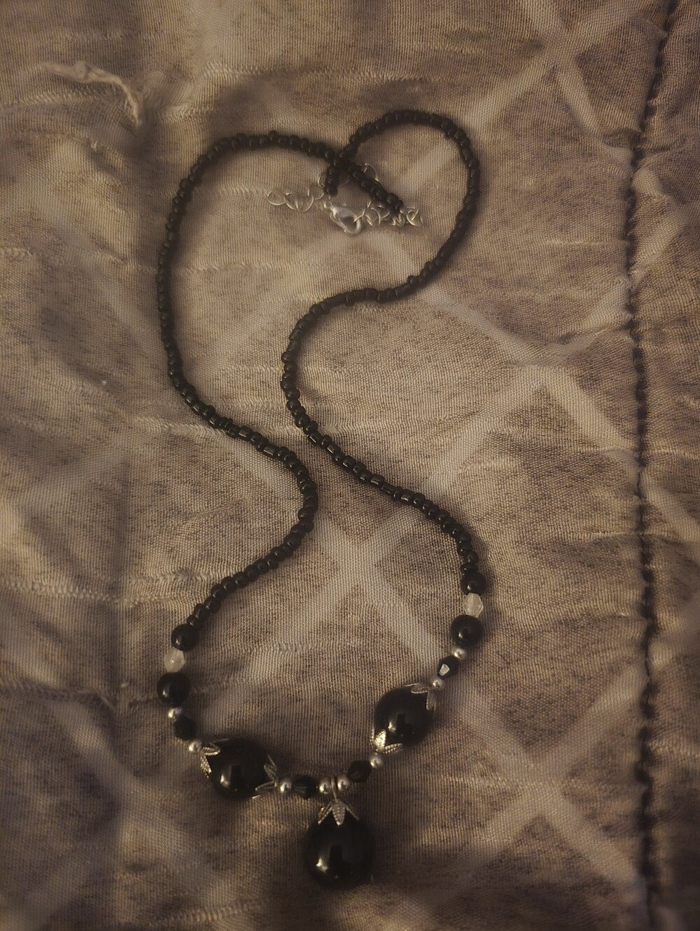 Black Beaded Women's Necklace And Black Flower Mini Bracelet Set-NEW!